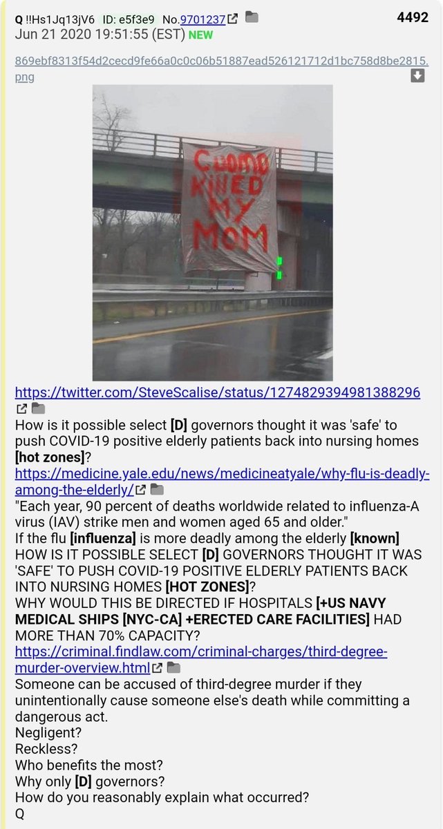 42.  #QAnon Reckless endangerment deaths: How is it possible select [D] governors thought it was 'safe' to push  #COVID19 positive people into nursing homes and turn them into death zones? 20,000 avoidably dead. Why only [D] governors? How do you reasonably explain it?  #Q