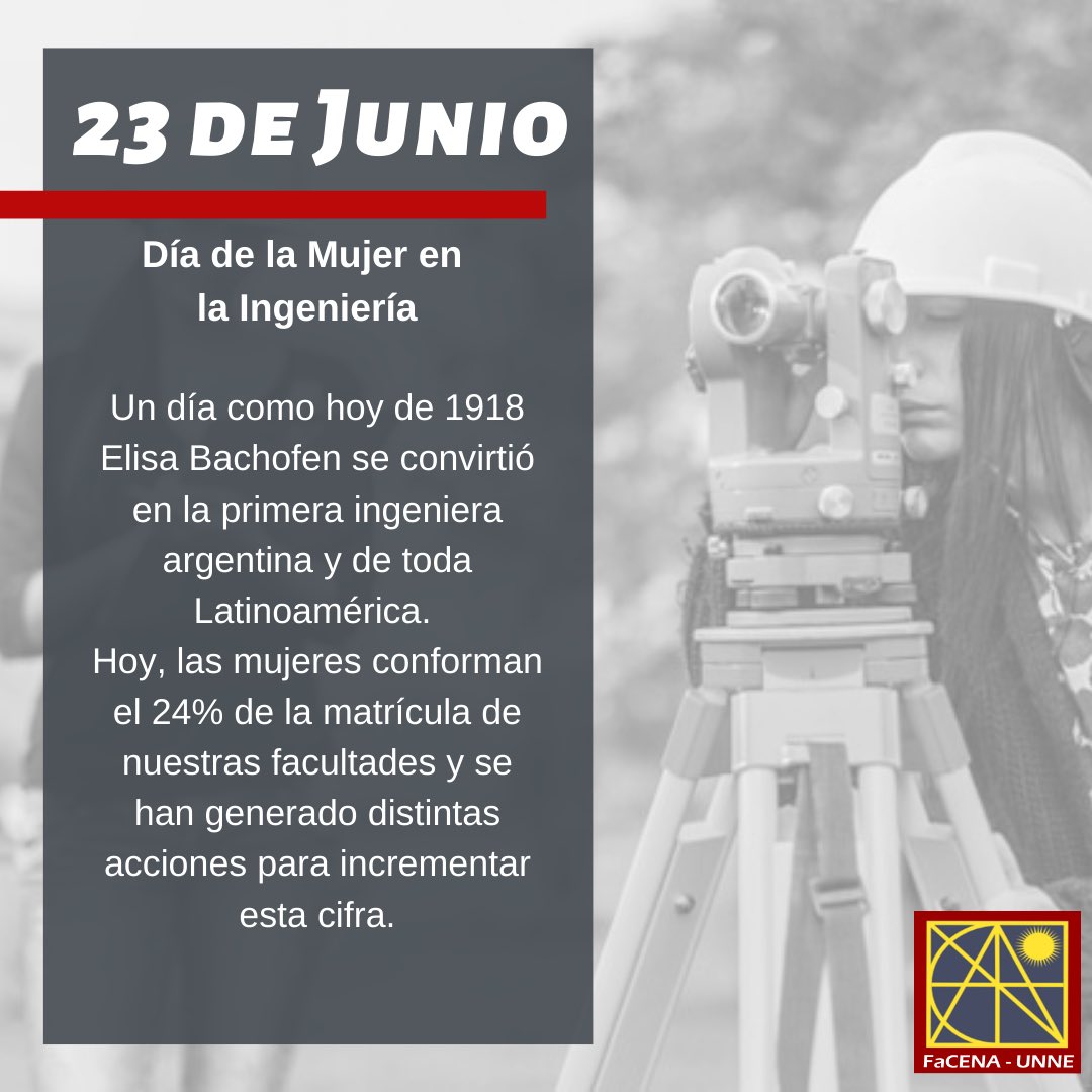 facenaunne's tweet photo. #DíadelaMujerenlaIngenieria🛠⚙️
💢Un día como hoy de 1918 Elisa Bachofen se convirtió en la primera ingeniera argentina y de toda Latinoamérica.
.
¡Feliz día ingenieras! 👏🏻😄
@unneargentina @confediok 
#FaCENA2020 #Ingeniería #150AñosIngenieria #Argentina #UNNE https://t.co/r8WYx8w8HC