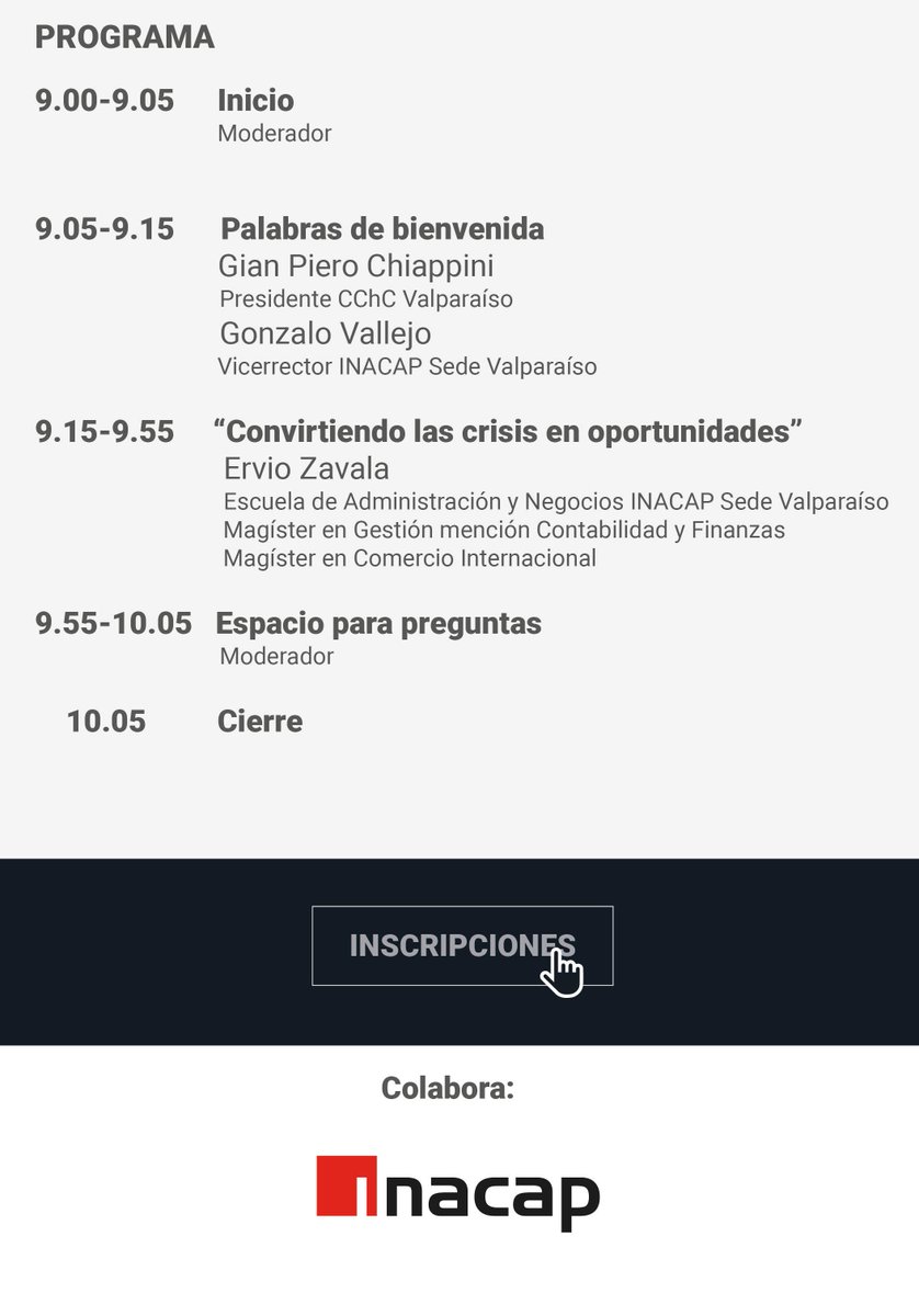 Webinar ¡CONVIRTIENDO LAS CRISIS EN OPORTUNIDADES! #CChC #Valparaíso #Inacap
Expone Ervio Zavala, Coordinador Centro de Desarrollo MyPE <a href="/INACAP_VALPO/">inacap_valpo</a> 
Vía Webex, miércoles 24 de junio, 09:00 hrs.
Participa 👇docs.google.com/forms/d/e/1FAI…
#LaSoluciónEsObraDeTodos @CamaraCChC @INACAPINOS