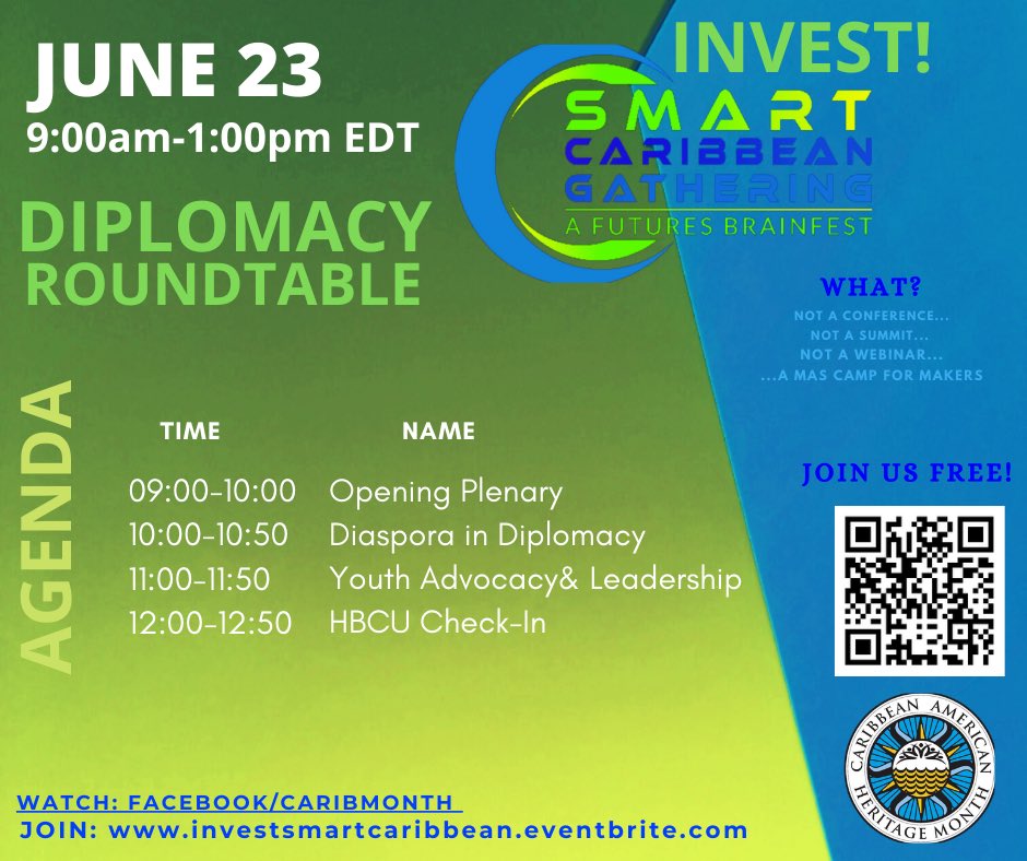 Celebrate ICS 22nd AnnuaL National Caribbean American Legislative Week for today’s Diplomacy Roundtable where we engage government officials in a discussion of the  unique needs of the Caribbean.

Scan QR code. 

#celebratejune #NCAHM #caribbeanamericanheritagemonth