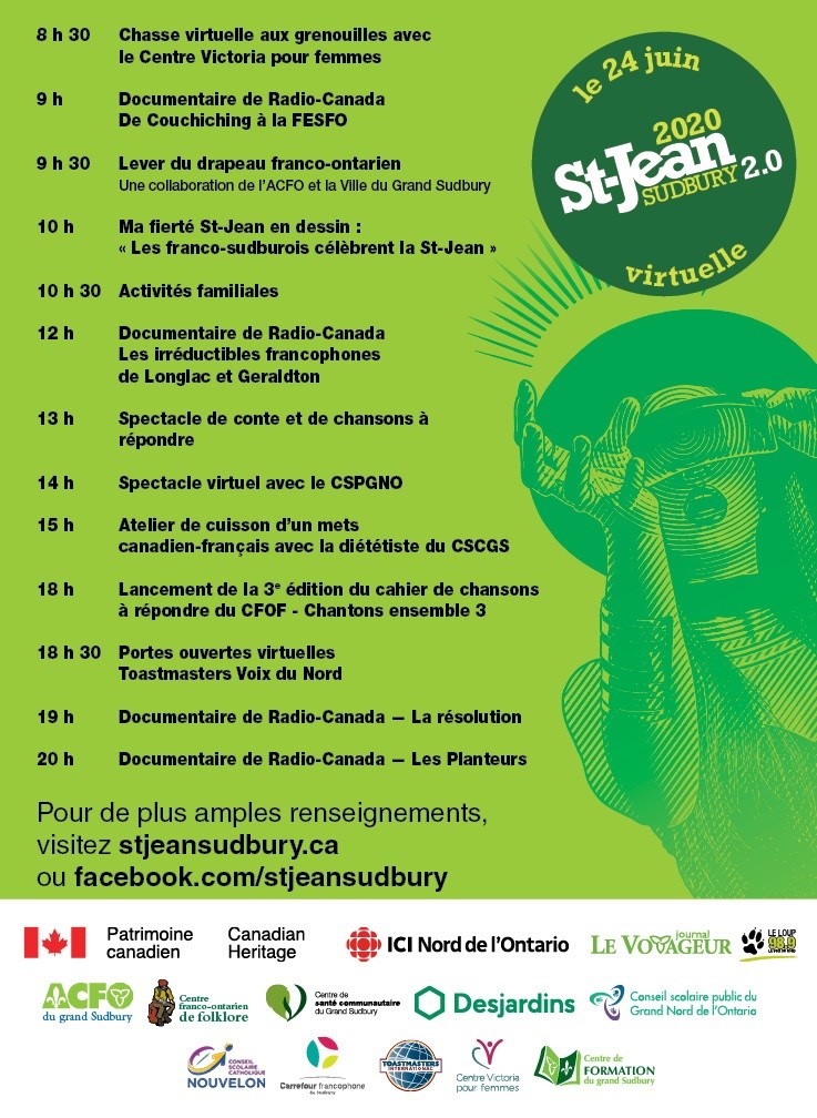 La St-Jean Sudbury est demain! 💚 Visitez stjeansudbury.ca ou facebook.com/stjeansudbury pour tous les détails. 

Et n'oubliez pas de participer à notre chasse (virtuelle) aux grenouilles sur facebook.com/cvfsudbury ! 🐸