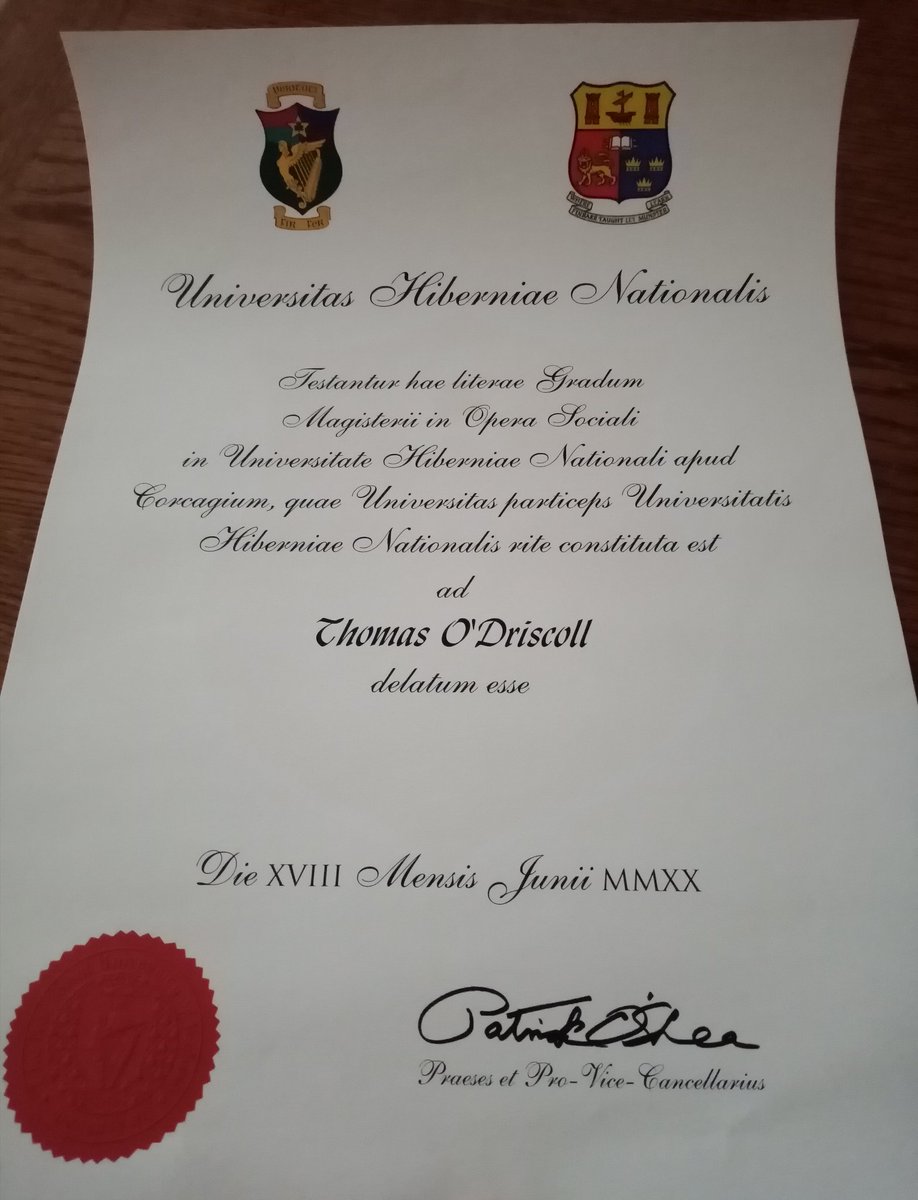 Look what just arrived. As someone born into consistent poverty, placed in residential state care as a 7yr old, becoming a dad at 15, leaving school without a JC or LC. Not given a chance by many. Today is one of the sweetest days, I officially have a Masters of Social Work 🎉🎉