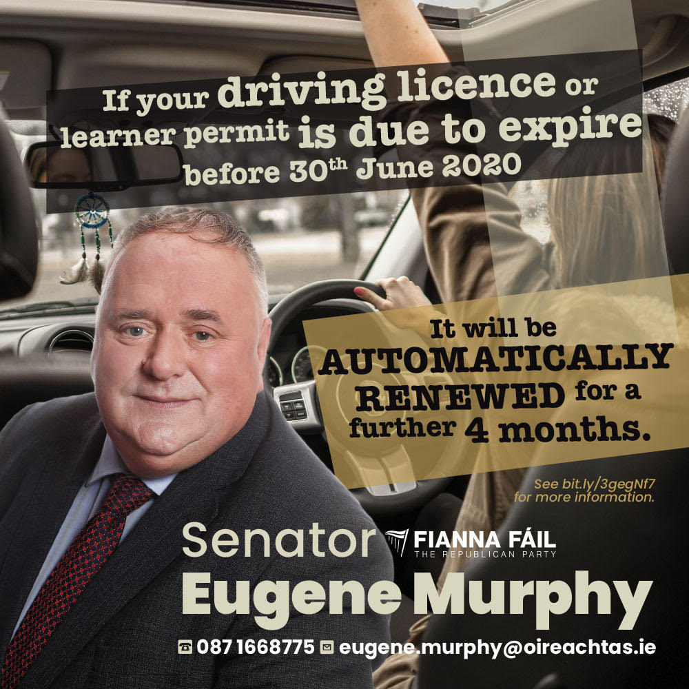 SenatorEMurphy's tweet image. If your driving licence or learner permit is due to expire before June 30th, 2020- it will automatically be renewed for a further 4 months. #driverslicence #learnerpermit