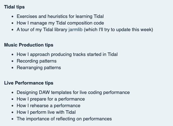 Live streaming for <a href="/tidalclub/">Tidal club</a> on Friday (non-<a href="/tidalclub/">Tidal club</a> people can follow along, links coming soon)

"Live coding DAWs with @TidalCycles: composition, production &amp; performance"

Ask me questions this week and I'll try to cover them 💙
club.tidalcycles.org/t/live-stream-…