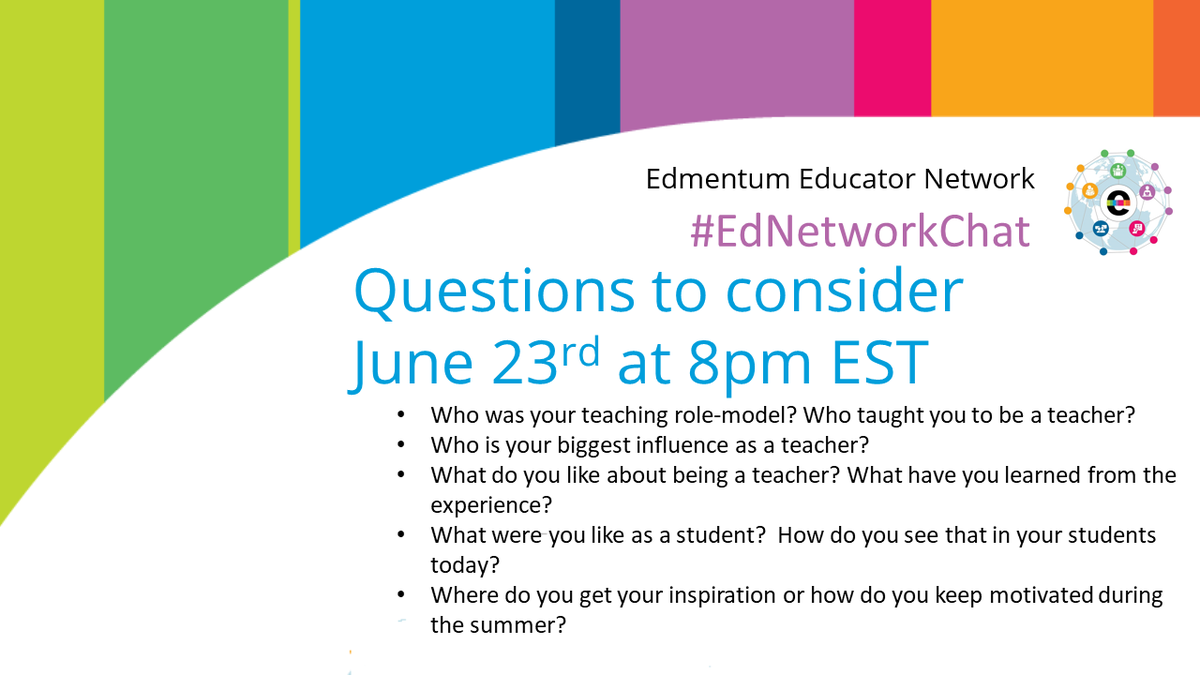 EdmentumNetwork's tweet photo. Here's a sneak peak at our questions for tonight's #EdNetworkChat all about celebrating teaching and reminding ourselves why we chose to pursue education. We hope to "see" you tonight! https://t.co/YPYgMqNoBu
