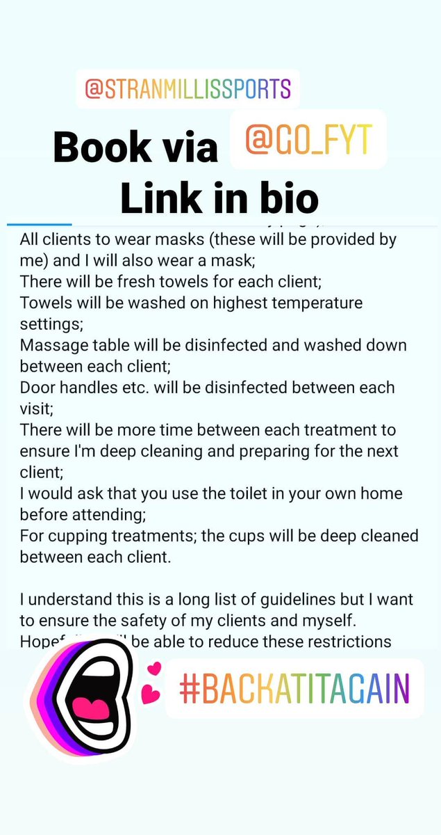 TRSportsMass1's tweet photo. Afternoon folks....getting back to treatments next week with safety procedures in place for all clients.  Head on over to instagram or @go_fyt to book an apt #massage #backatit #COVID19 https://t.co/q3pBTisJdh