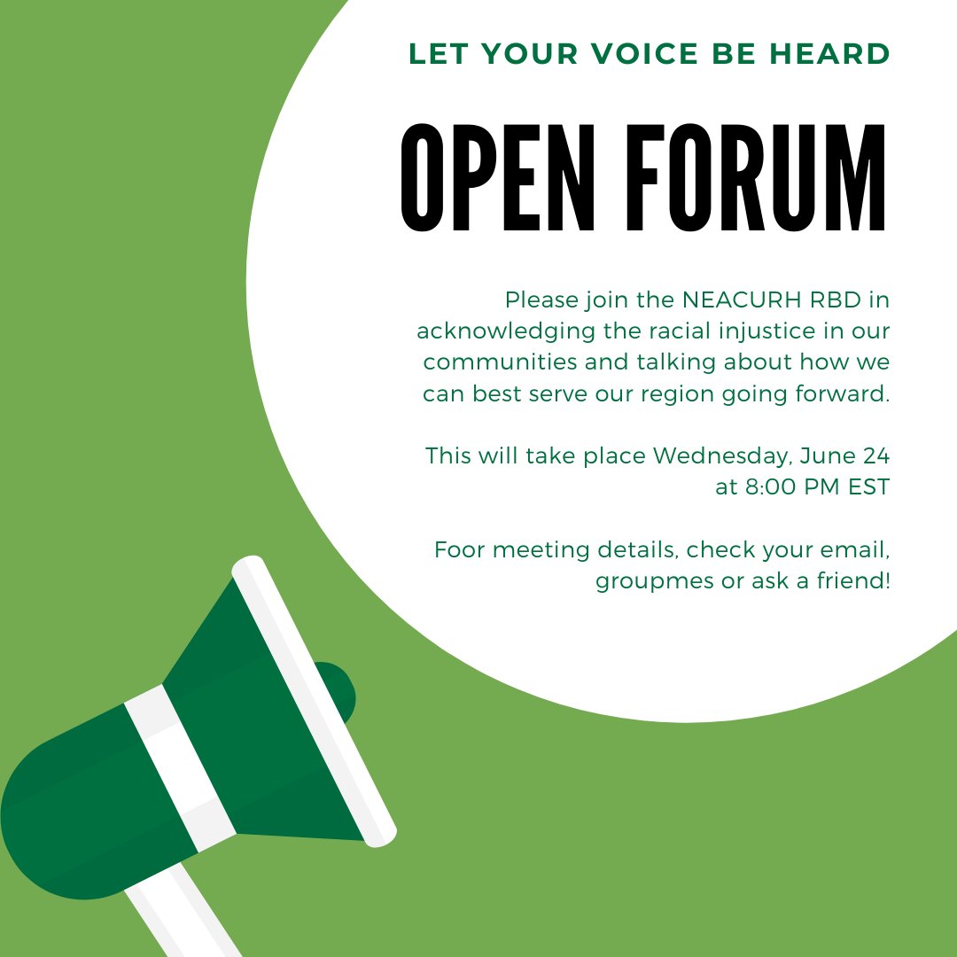 We want to use this space as one for us to process what is happening and create an action plan to best serve the region, your RHAs/NRHHs, and most importantly you. Please check your emails, group chats, etc. for the zoom code!