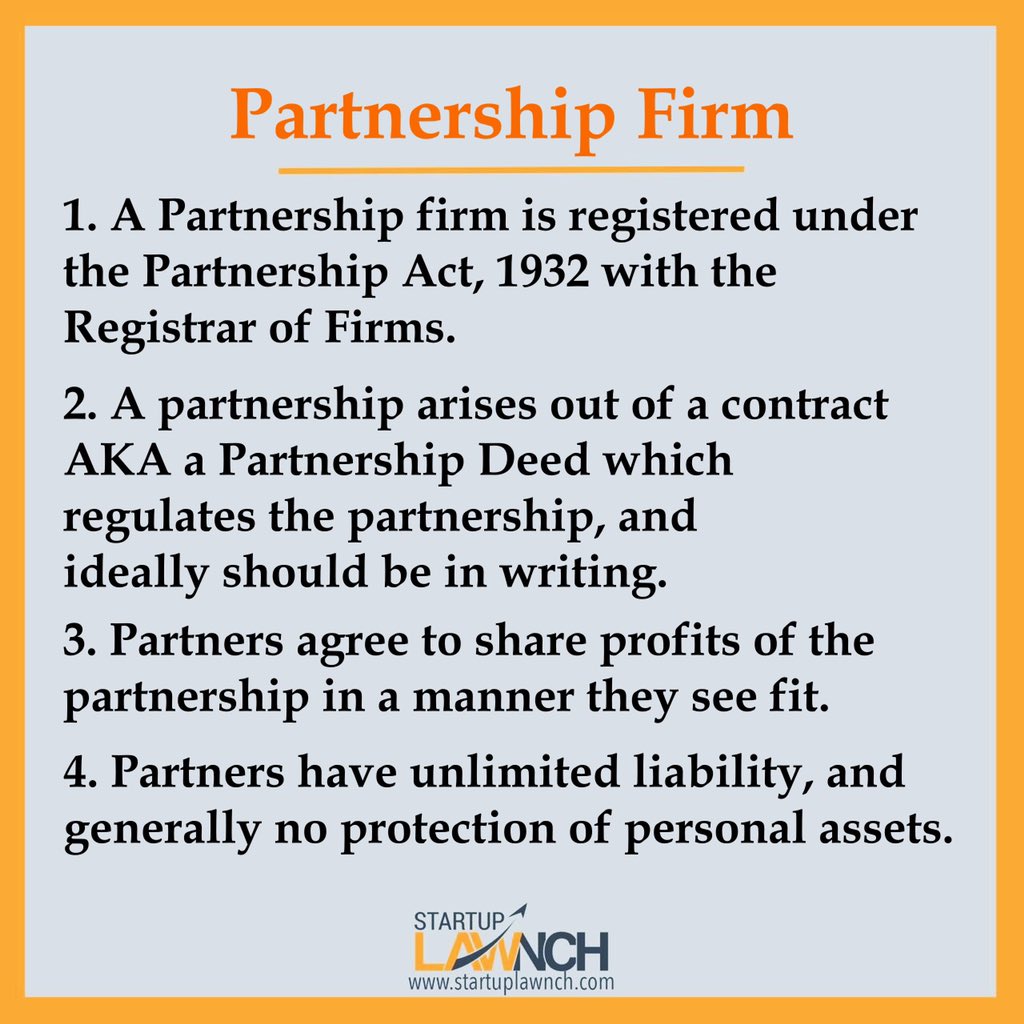 startuplawnch's tweet photo. The following are some key features of a #Partnership Firm which is registered under the Partnership Act, 1932. Our next post will focus on the key clauses that should be included in a #PartnershipDeed, which is the contract that regulates a Partnership Firm.

#Law4Startups https://t.co/ecyK2NPote