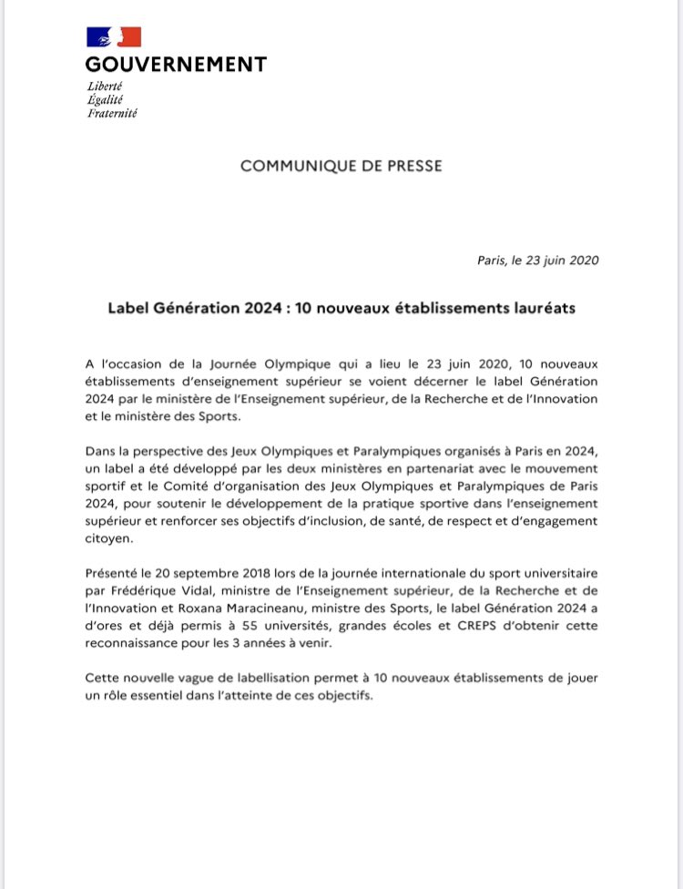 FFSportU's tweet photo. Aujourd’hui, c’est la  #JourneeOlympique ! 
👉 10 nouveaux établissements d’Enseignement Supérieur reçoivent le label #Generation2024
👉 la #FFSU est présente à l’@INSEP_PARIS pour une course solidaire et un hommage au personnel soignant #olympisme #partage #valeurs #solidarite https://t.co/hhSEzWktvL