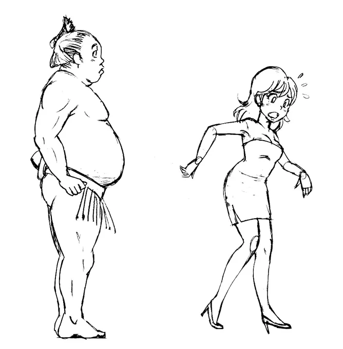 今日も仕事で山ほどイラストを描きましたが、そのうちのひとつのエンピツ描きのラフ画。

相撲取りと、ピンヒールをを履いたグラマラスな女性という注文のイラスト。

女の子がかわいく描けたので満足。 