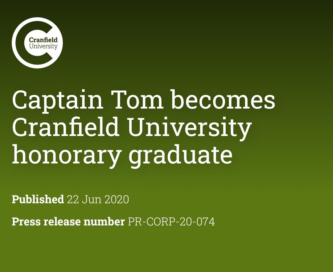 The Honors and Appreciation for Captain Sir <a href="/captaintommoore/">Captain Sir Tom Moore</a> on well deserved award of Honorary Doctor of Science <a href="/CranfieldUni/">Cranfield University</a> in 2020. Thank you #cranfield <a href="/piersmorgan/">Piers Morgan</a> <a href="/GMB/">Good Morning Britain</a> <a href="/cranfieldalumni/">Cranfield Alumni</a> cranfield.ac.uk/press/news-202…