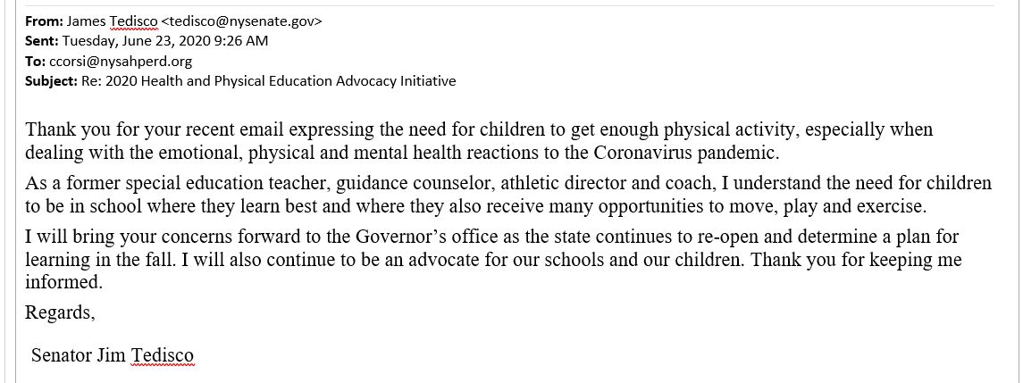 Response from Senator Jim Tedisco to our #HPE #advocacy #thunderclap <a href="/JamesTedisco/">Senator Jim Tedisco</a> <a href="/NYGovCuomo/">Archive: Governor Andrew Cuomo</a> #childrenMUSThavePEandHealth