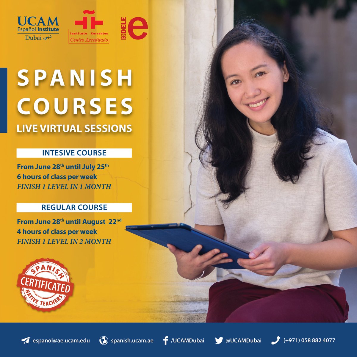 UCAMDubai's tweet photo. 🚨NUEVO CURSO DE ESPAÑOL💥
Staying in Dubai for the summer?🔥 Take advantage of it learning a new language! Or improving your Spanish! 🇪🇸 Now you could choose between INTENSIVE or REGULAR and with a 30% Discount! 📣
#ucamdubai #learnspanish #livesessions #onlinespanishcourse https://t.co/E5FTTpA5OR