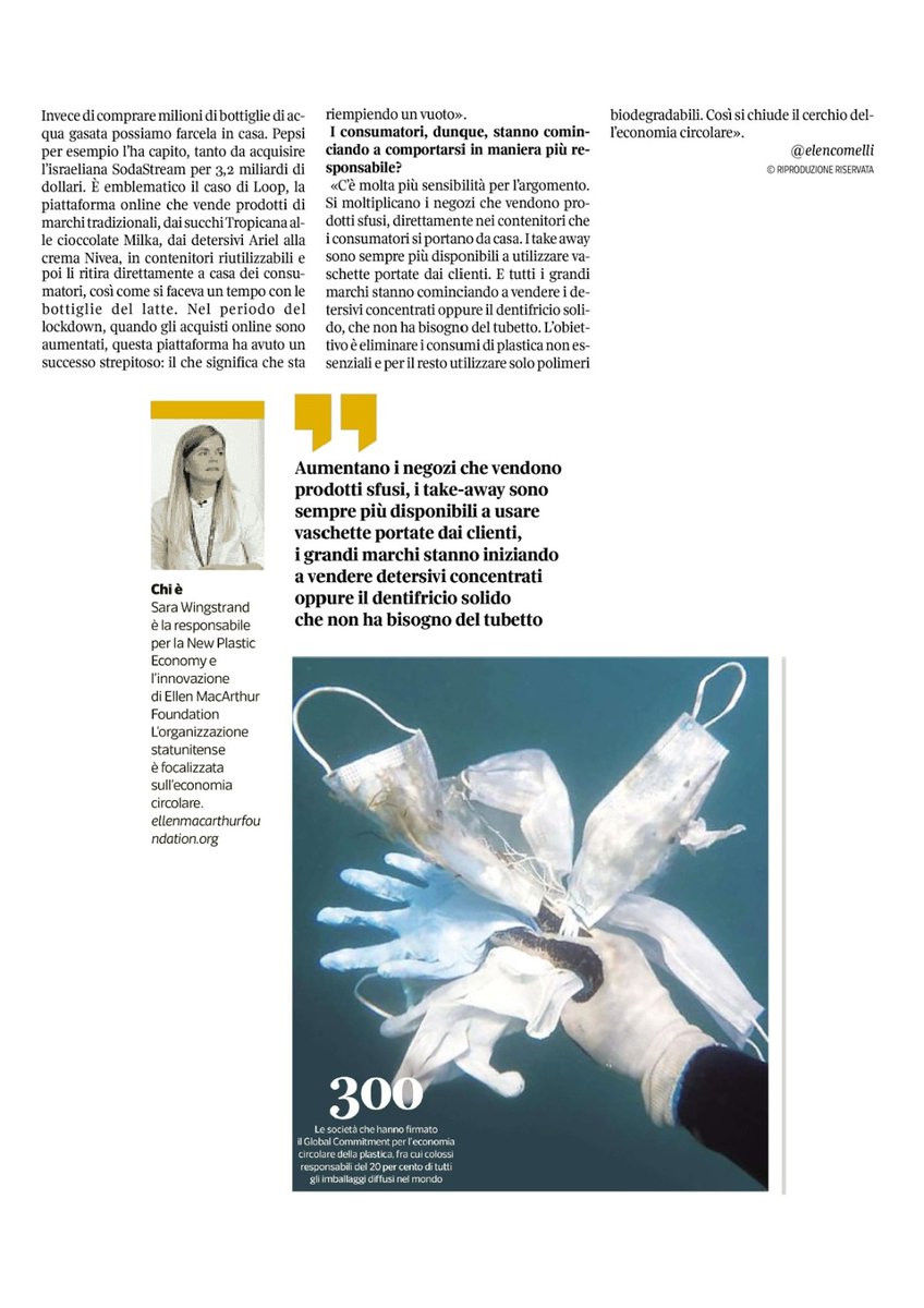 GruppoHera's tweet photo. Con l’#EconomiaCircolare battiamo l’impiego del monouso: su @CorriereBN l’intervista a Sara Wingstrand, manager del programma @NewPlasticsEcon #GlobalCommittment della Fondazione Ellen MacArthur @circulareconomy, di cui #GruppoHera è membro👇 https://t.co/1GJfWQox7D