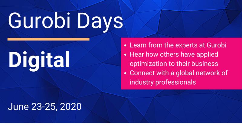 gurobi's tweet image. Today is the first day of Gurobi Days Digital! There’s still time for you to register for this free, three-day training event, which will be packed with great content presented by Gurobi experts and customers. Register now: bit.ly/3fx8SII #datascience #python #AI #MIP