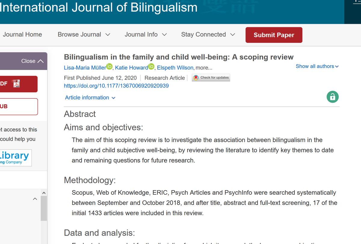 Elspeth Wilson (@elspeth_wilson) on Twitter photo '#Bilingualism in the family and child #wellbeing: A scoping review'
Our paper is finally out! <a href="/DrJennyG/">Jenny Gibson</a> <a href="/limamue/">Lisa-Maria Müller</a> <a href="/KatieB_Howard/">Katie Howard</a> <a href="/talkingresearch/">Gibson&KatsosLab</a>
journals.sagepub.com/doi/full/10.11… /1 '#Bilingualism in the family and child #wellbeing: A scoping review'
Our paper is finally out! <a href="/DrJennyG/">Jenny Gibson</a> <a href="/limamue/">Lisa-Maria Müller</a> <a href="/KatieB_Howard/">Katie Howard</a> <a href="/talkingresearch/">Gibson&KatsosLab</a>
journals.sagepub.com/doi/full/10.11… /1
