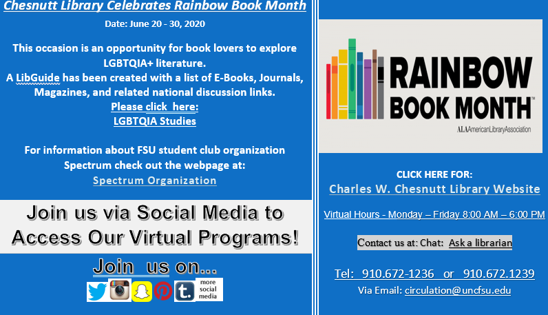 CharlesChesnutt's tweet photo. Rainbow Book Month is a nationwide celebration of authors/ writings that reflect the lives &amp; experiences of the #LGBTQIA community.  In recognition of Rainbow Book Month, Chesnutt Library has compiled a LibGuide with resources on #LGBTQIA. 

View it here: 
https://t.co/FqND0Bp4lx https://t.co/yNJfM5QcEn