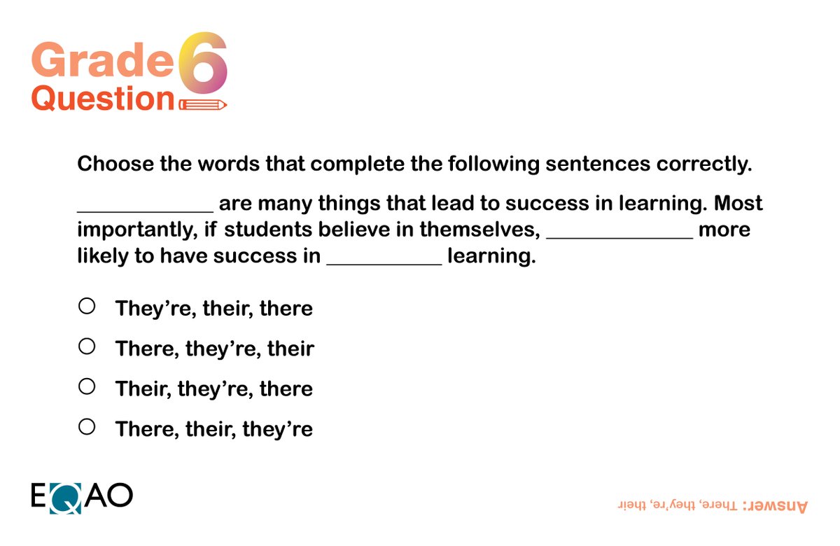 eqao's tweet image. Can you answer this?

Today’s question is from the writing component of our Grade 6 Assessment of Reading, Writing and Mathematics.
#SupportStudentLearning