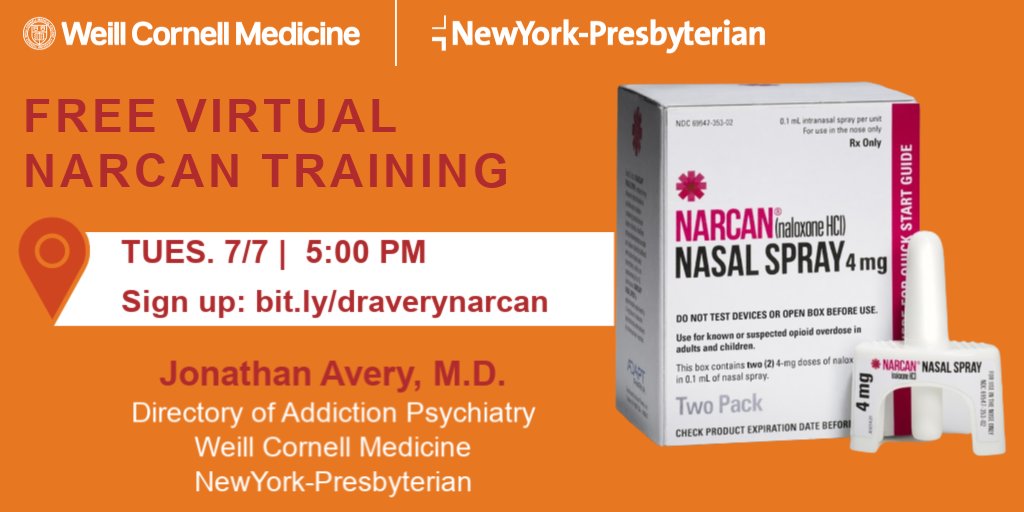 Every day in NYC, about 3 people die from a drug overdose. 

Join a virtual training w/ Dr. Jonathan Avery (<a href="/JonathanAveryMD/">Jonathan Avery</a>) &amp; become a Certified Opioid Overdose Responder &amp; receive a free Overdose Rescue Kit w/ naloxone.

🗓 Tues. 7/7 | 5:00PM
REGISTER: bit.ly/draverynarcan