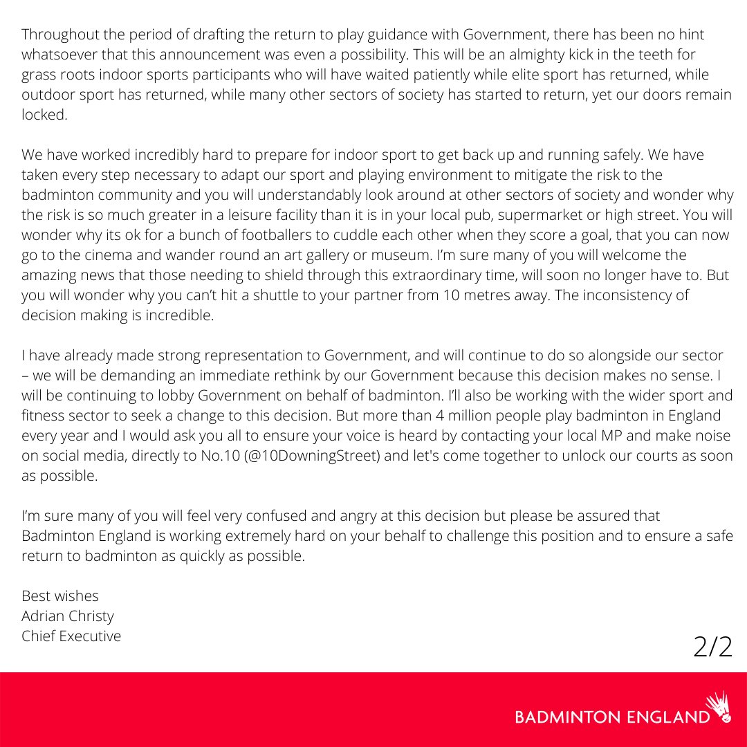 We are angry, confused and disappointed for the badminton community.

Is a pint or going to the cinema more important to <a href="/BorisJohnson/">Boris Johnson</a> than our physical &amp; mental health?

➡️ RT this letter
➡️ Tag in <a href="/10DowningStreet/">UK Prime Minister</a> &amp; your MP, details : bit.ly/319qNB2

#opensportforall