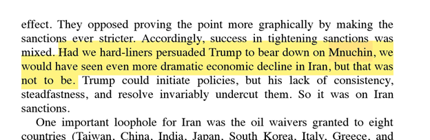 2. In his book, Bolton describes how Treasury Secretary Steve Mnuchin was against some of the Trump administration's escalations with  #Iran. Bolton says that had "hardliners like him" persuaded Trump over Mnuchin, there would have been "more dramatic economic decline" in Iran: