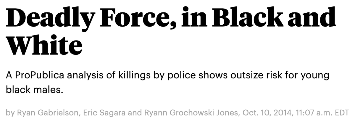 317/ "Young black men are 21 times as likely as their white peers to be killed by police... The black boys killed can be disturbingly young. There were 41 teens 14 years or younger reported killed by police from 1980 to 2012. 27 of them were black."