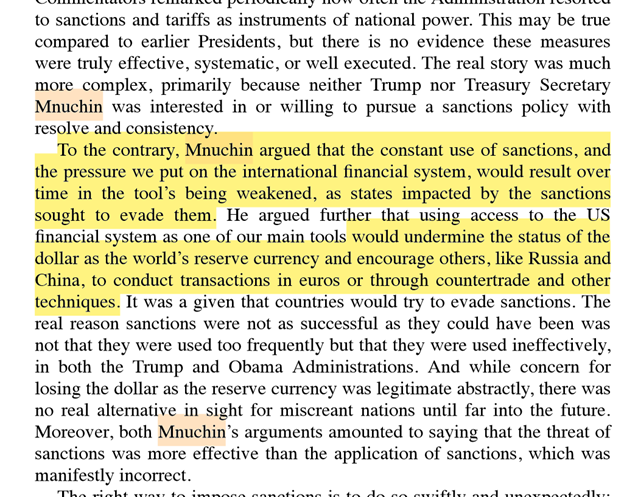 3. Mnuchin argued internally that the "constant" use of sanctions by the Trump administration would weaken the power of US sanctions & encourage countries to move away from the dollar.Bolton didn't care.