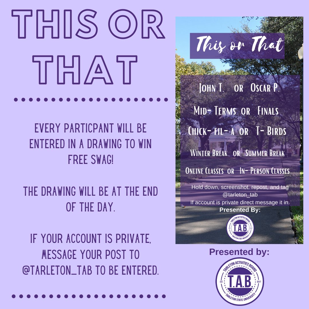 tarleton_tab's tweet photo. Time for another challenge! Please see the template on our Instagram story. Tag our account and you will be entered into a drawing for free swag! #TarletonState #BleedPurple #RollTexans https://t.co/QEUnhsnyAS