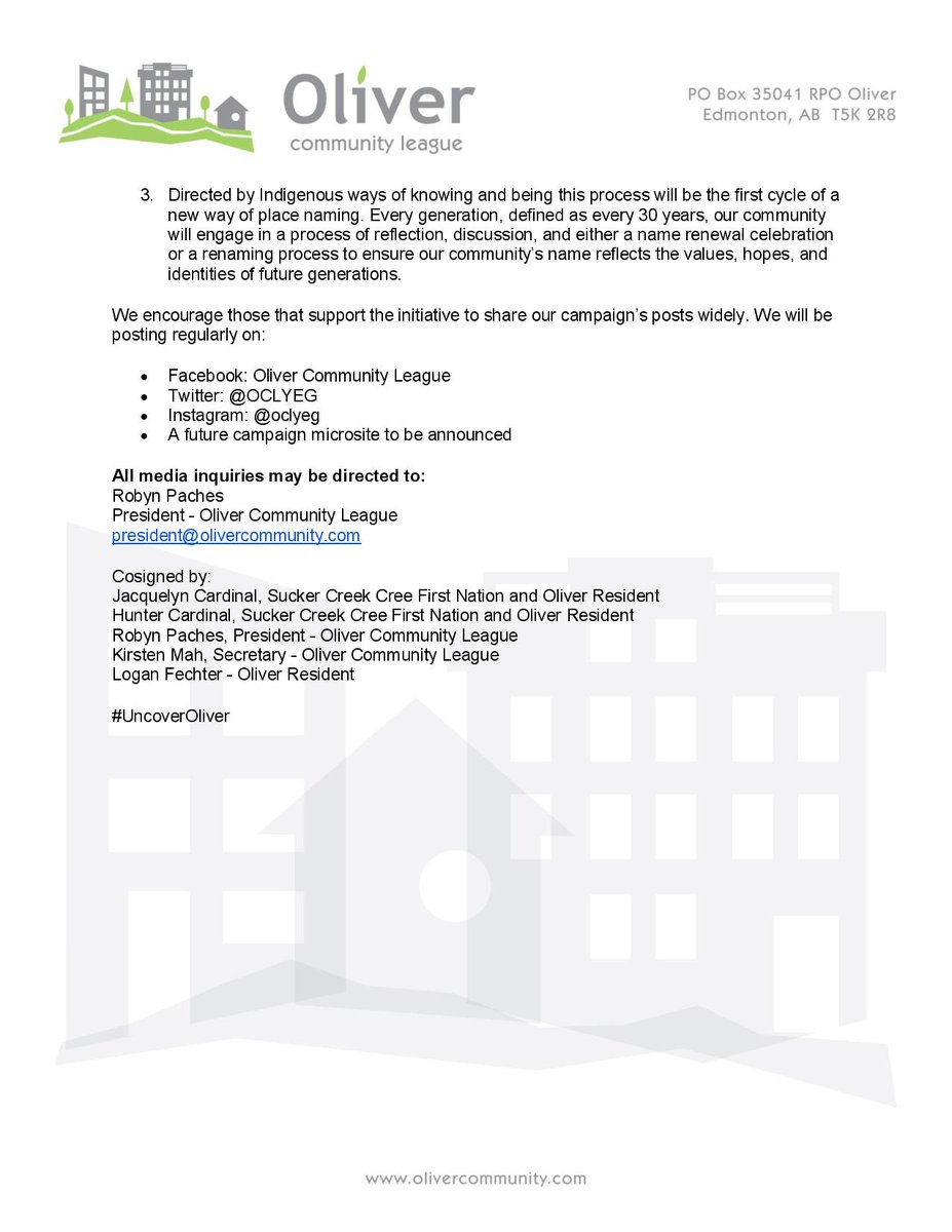 (1/8)
#UncoverOliver Statement!

The Oliver Community League officially opposes the name of the Oliver neighbourhood, and has already embarked on a process led by Indigenous communities to engage local partners and stakeholders to create an inclusive method to find a new name.