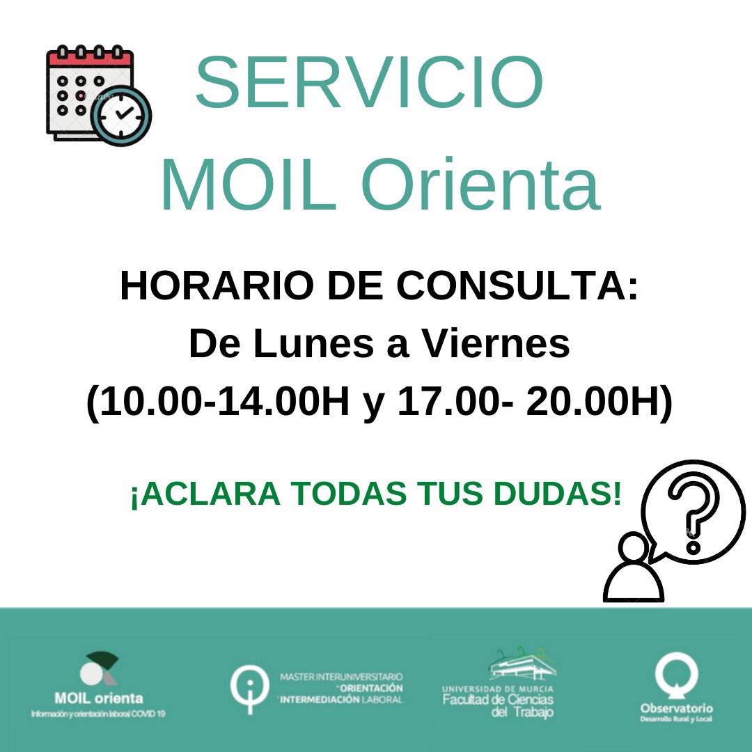 MoilOrienta's tweet photo. El servicio está disponible para que realicéis cualquier consulta, el horario de atención al público es de Lunes a Viernes, de 10.00-14.00h y de 17.00-20.00h.

¡No os quedéis con las ganas, responderemos todas vuestras dudas!
#Murcia #orientacion #MOILOrienta #empleo https://t.co/fDy9YUC2D9
