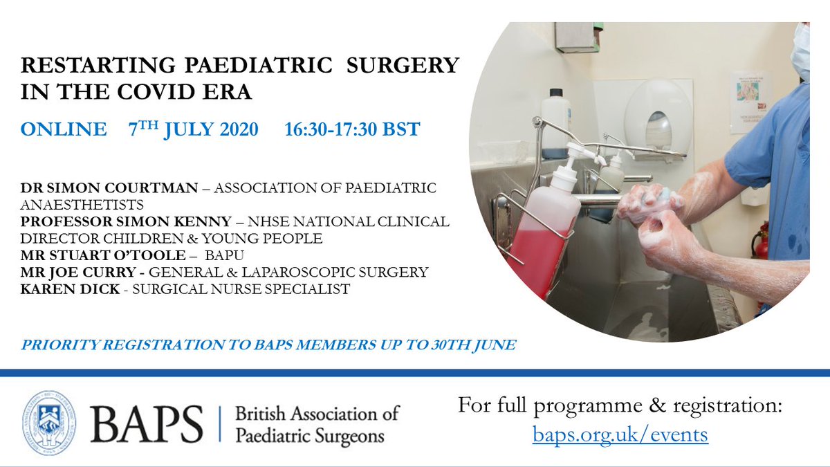 BAPS1953's tweet photo. Webinar: Restarting Paediatric Surgery in the COVID Era
7/7/20 16:30-17:30 BST Online
https://t.co/TxQRp5D48P
Speakers include: @joecurry1 @Simonkenny14 @KarenDick @AAGBI @BAPUSurgeons
Priority registration for members until 30th June
#SoMe4PedSurg #BAPSMember #COVID19 https://t.co/SkT6m5nu4Y