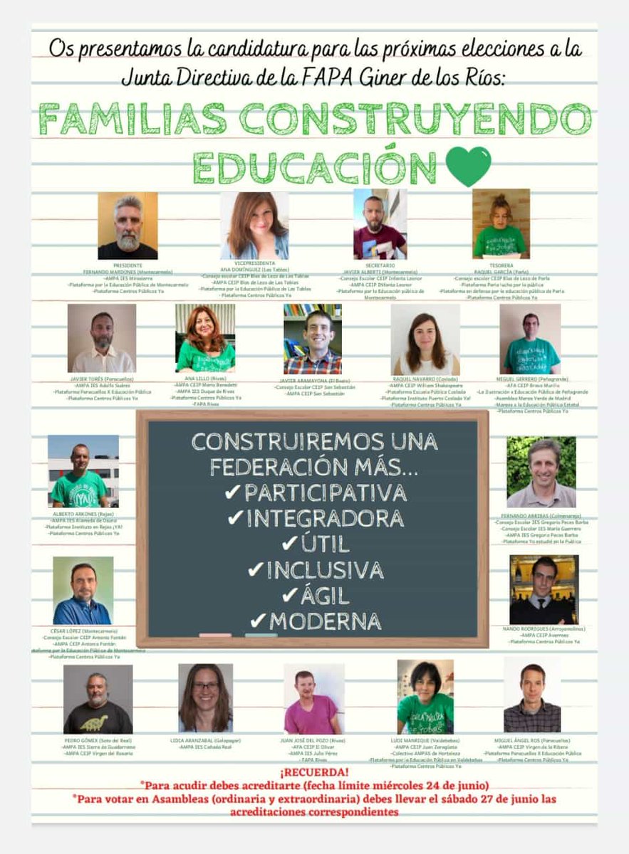 Nuestras AMPAs IES Adolfo Suarez y CEIP Virgen de la Ribera se presentan a la #JuntaDirectiva <a href="/FAPA_Giner_Rios/">FAPA Giner Ríos</a> nuestra candidatura "Familias construyendo educación"apuesta por unas #Familias, con experiencia, resolutivas y abiertas a la comunidad educativa. #ConstruimosEducación
