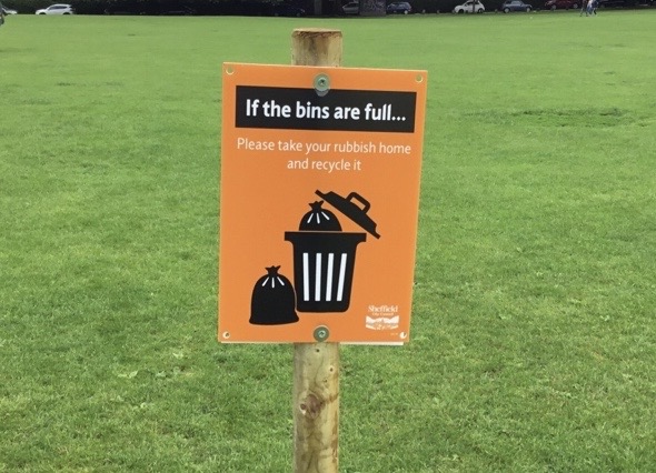 SheffCouncil's tweet photo. You might have spotted some new signs in Endcliffe Park (as well as extra bins and more collections all over Sheffield). Please help us to keep parks tidy by taking your rubbish home. https://t.co/xkfjXBZHsk