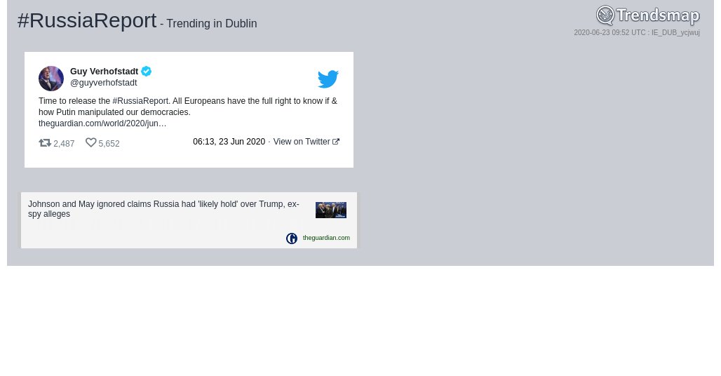 TrendsDublin's tweet photo. #russiareport is now trending in #Dublin

https://t.co/VAv9PAyIpe https://t.co/Jb92AzIaIK