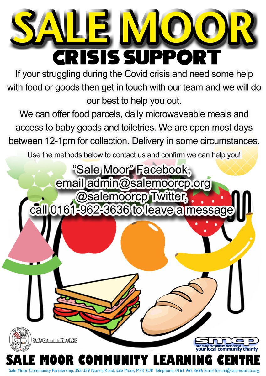 SaleMoorCP's tweet image. #salemoor We wil be open today from 12-1pm. We have spaghetti bolognese, baked potatoes with cheese and beans and a few creamy mushroom pasta left. Get in touch or come over if you need help this week.