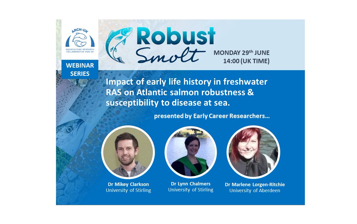 The #RobustSMOLT Early Career Researchers showcase their experience, perspective &amp; #aquaculture #research as part of our large consortium project with multiple industry partners. <a href="/ECRchat/">#ECRchat</a>. 🌊🐟🧬🦠

DON'T MISS THE WEBINAR Mon 29 June 2pm UK time
Register: bit.ly/2YZeGEf