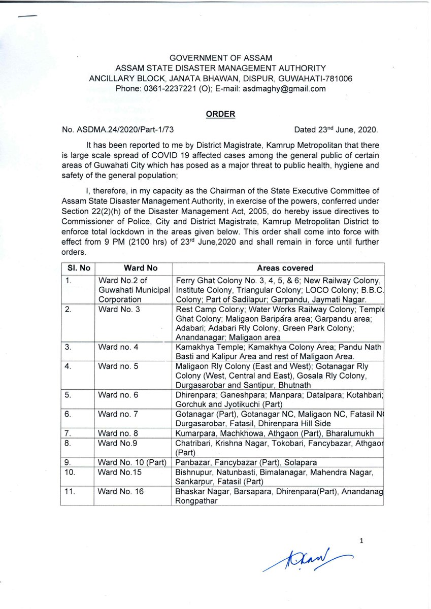KrSanjayKrishna's tweet photo. New lockdown directives has been issued in view of the large scale spread of COVID 19 affected cases among the general public of certain areas of Guwahati City. These will come into force from 9pm , 23rd June and shall remain in force until further orders. https://t.co/b6rWhp9Vgz