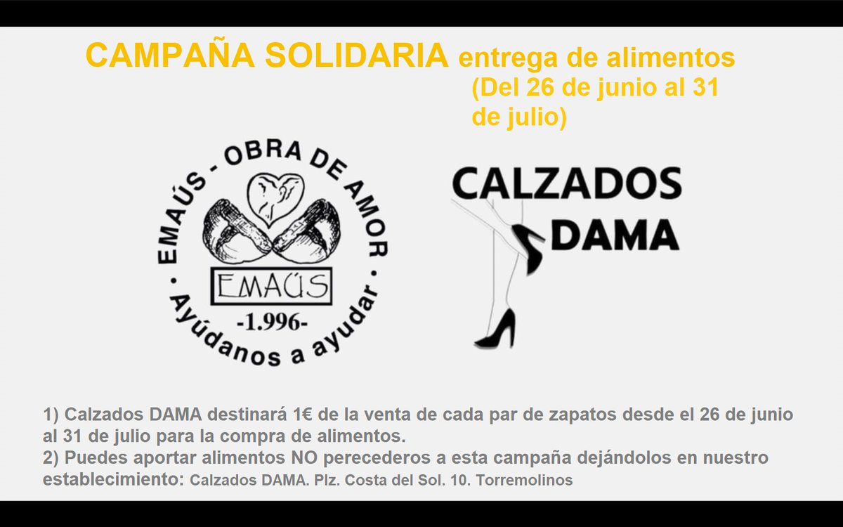 CalzadosDAMA78's tweet photo. ¿Quieres ayudar? Es muy fácil, no es necesario que compres calzado, si quieres es suficiente con dejar algún alimento no perecedero. Ayudemos! #Torremolinos #Plazacostadelsol #emaus #comedoressociales #Solidaridad https://t.co/ZwFqJ1Cecx