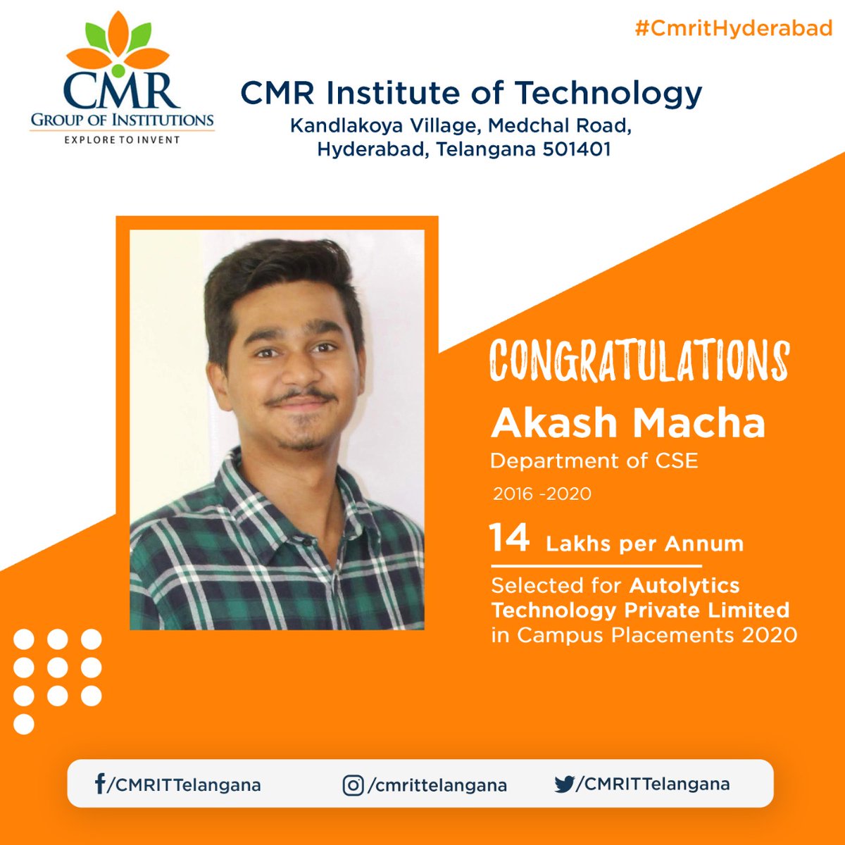 CMRITTelangana's tweet photo. CMRIT is proud to announce that our student Akash Macha of CSE has been placed with a handsome package of ₹14 lakhs per annum!
#ACTYV https://t.co/MXcGq9kGke
