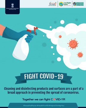 COVIDNewsByMIB's tweet photo. #IndiaFightsCorona: 

📍Cleaning and disinfecting products and surfaces are a part of a broad approach in preventing the spread of #COVID19.

#StaySafe #IndiaWillWin #HealthForAll 

@fssaiindia https://t.co/csrIyV36qF