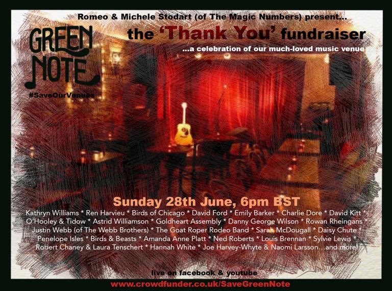 GreenNote's tweet image. JUST ANNOUNCED!!! Sun 28th June, 6pm BST. The ‘Thank You’ Fundraiser. Hosted by Romeo &amp;amp; Michele Stodart of @themagicnumbers featuring an amazing line up of special guests! 🎶😍 In support of the #SaveGreenNote crowdfunder. Don’t miss it!💥youtube.com/greennotemusic 🎶 #SaveOurVenues