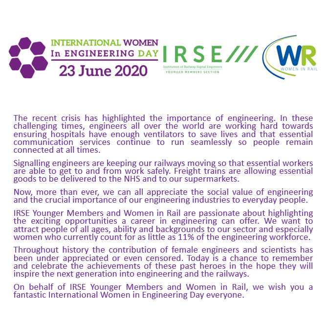 IRSE_YM's tweet photo. Happy International Women in Engineering Day everyone! We are partnering with @WomeninRail to celebrate #INWED20. Let's recognise and celebrate the amazing work women are doing to #ShapeTheWorld.

Here's how the YM committee members are shaping the world: https://t.co/LXjSeManUz