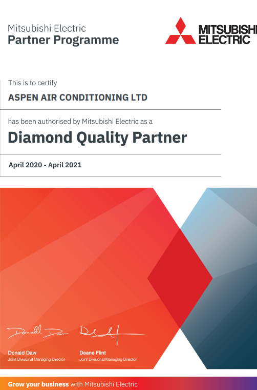 Aspen are proud to have been awarded the status of Diamond Quality Partner with Mitsubishi Air Conditioning UK for another year - the highest level possible!