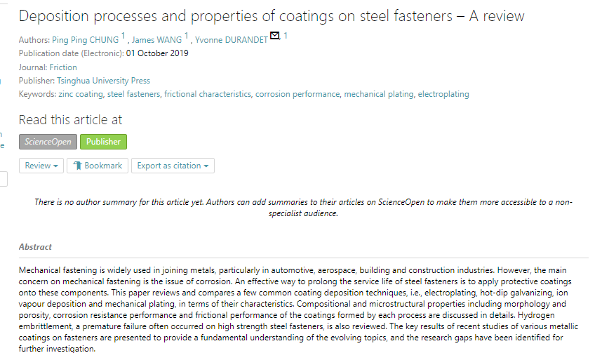 FrictionJnl's tweet photo. 'Deposition processes and #properties of coatings on #steel fasteners – A review' an article on #ScienceOpen: https://t.co/CrxmwUo2GC https://t.co/FfSefCHCRA