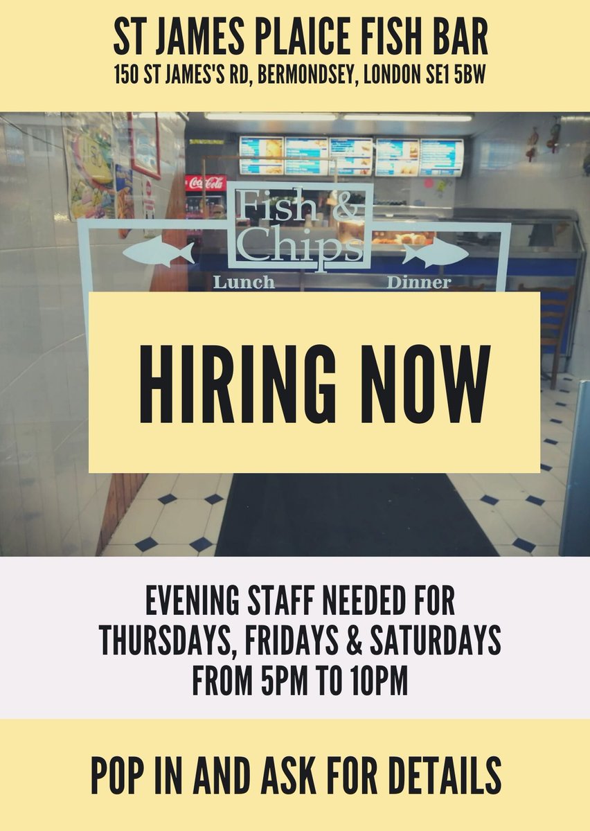 bluebermondsey's tweet image. #Jobsearch #JobSeekersWednesday #LondonJobs #Jobs 

St James Place Fish Bar in #TheBlueBermondsey is looking for evening staff to work on Thursdays, Fridays and Saturdays.

150 St James's Rd, #Bermondsey #London #SE1 5BW