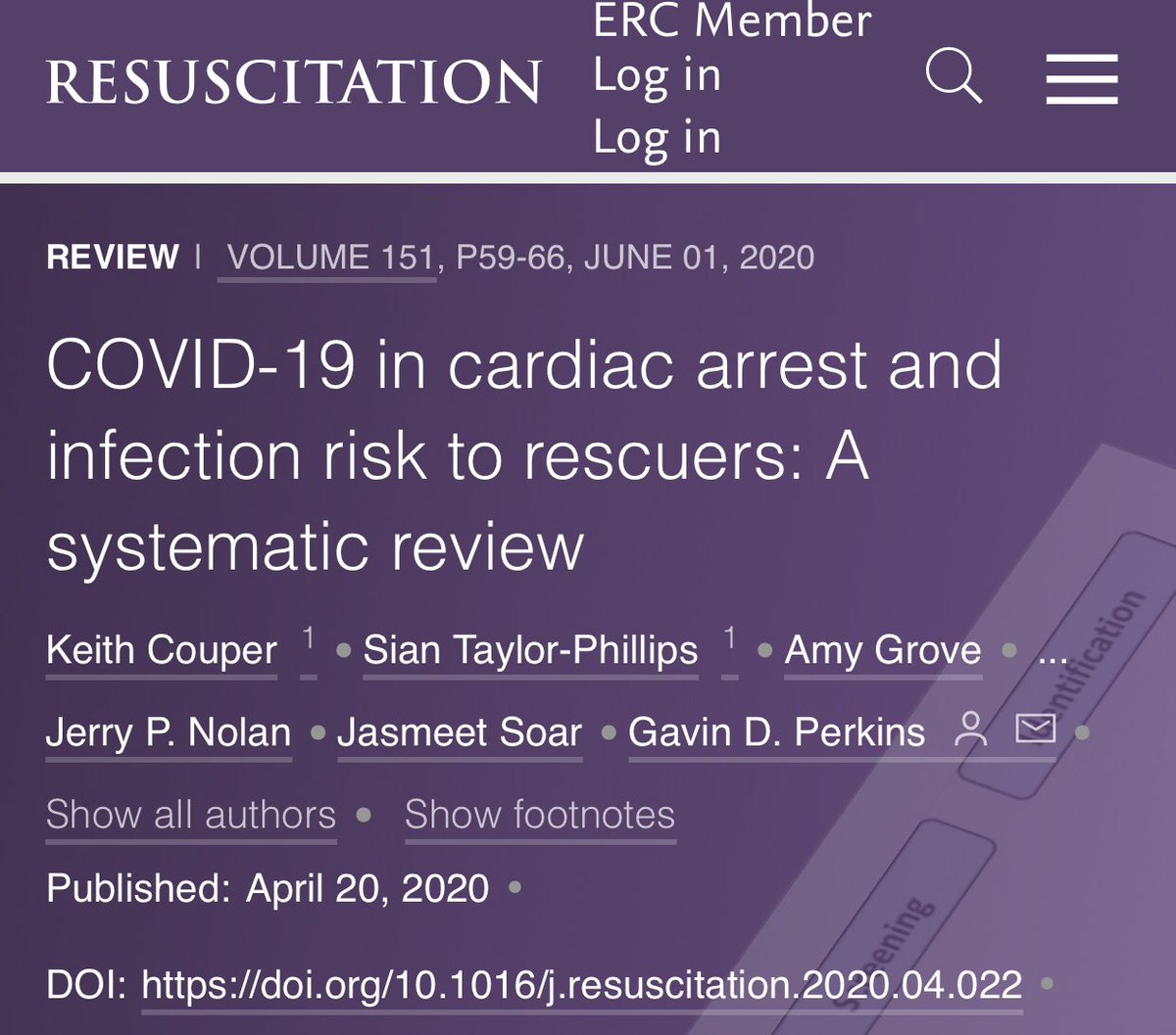 📚📚📚 COVID-19 in #CA &amp; infection risk to rescuers: A systematic review 📚📚📚

Available at: bit.ly/3eEbuEJ

📚 Aim: to identify the potential risk of transmission associated w/ key interventions:
📌 chest compressions 
📌 defib
📌 #CPR 
#resuscitation #CA #COVID-19