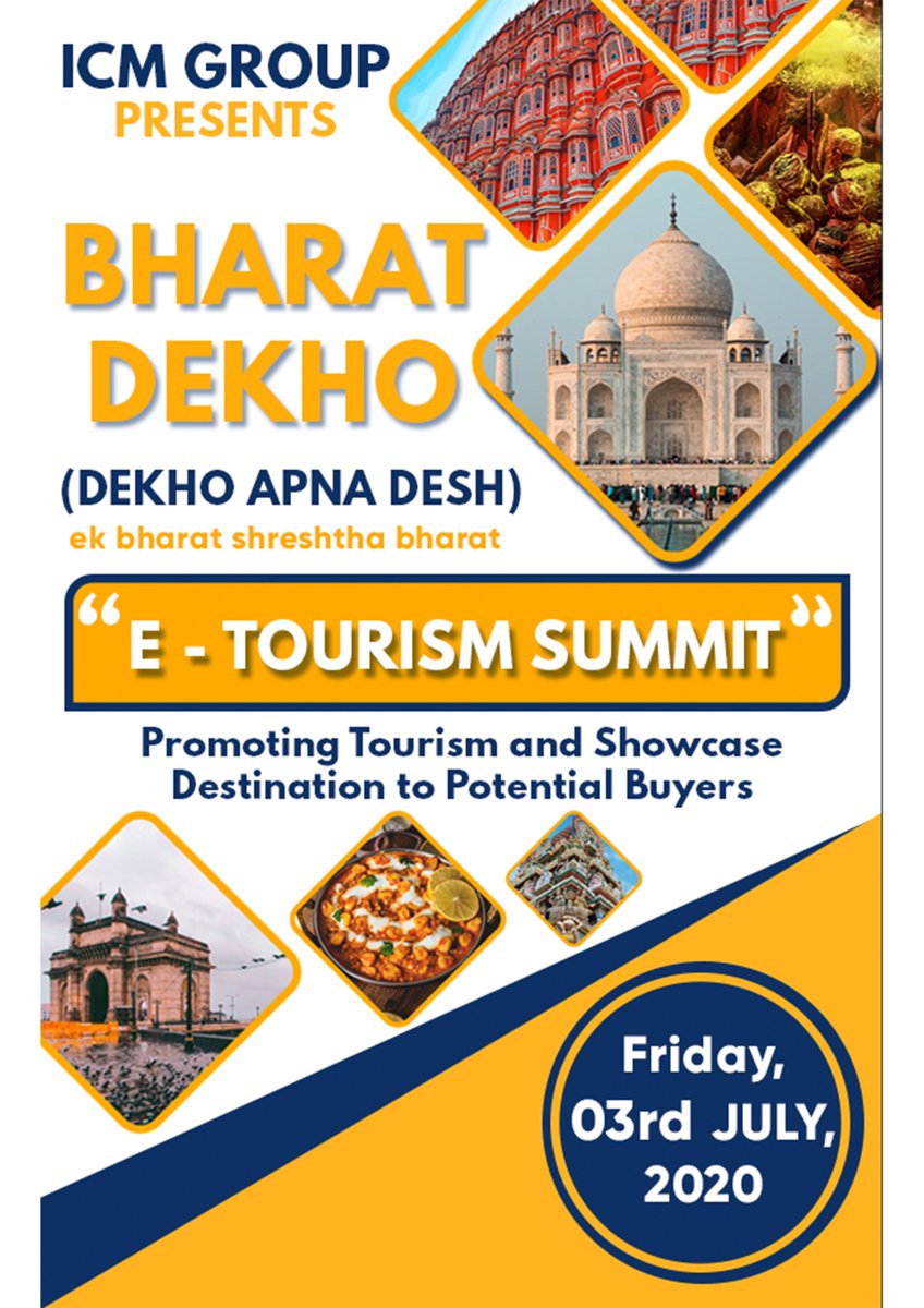 indiatravelmart's tweet photo. BHARAT DEKHO!
ICM GROUP Presents E - Tourism Summit on 3rd July 2020 with the sole purpose to Boost Domestic Tourism!
Hear from Industry's Top Experts to Grow Tourism.
Watch it LIVE on 3rd July!
#ETOURISMSUMMIT2020
#BharatDekho
#ICMGROUP
#IndiaTravelMart https://t.co/sPnjfuSaMG
