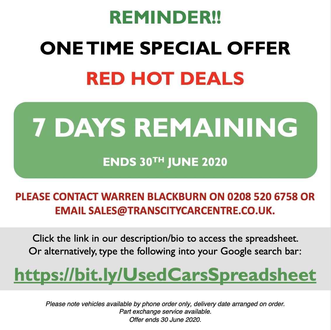 7 DAYS REMAINING... DON'T MISS OUT!

Copy the link to see the spreadsheet or contact us on 0208 520 6758 to see what we have available.

#skoda #transcity #walthamstow #special #offer #cars