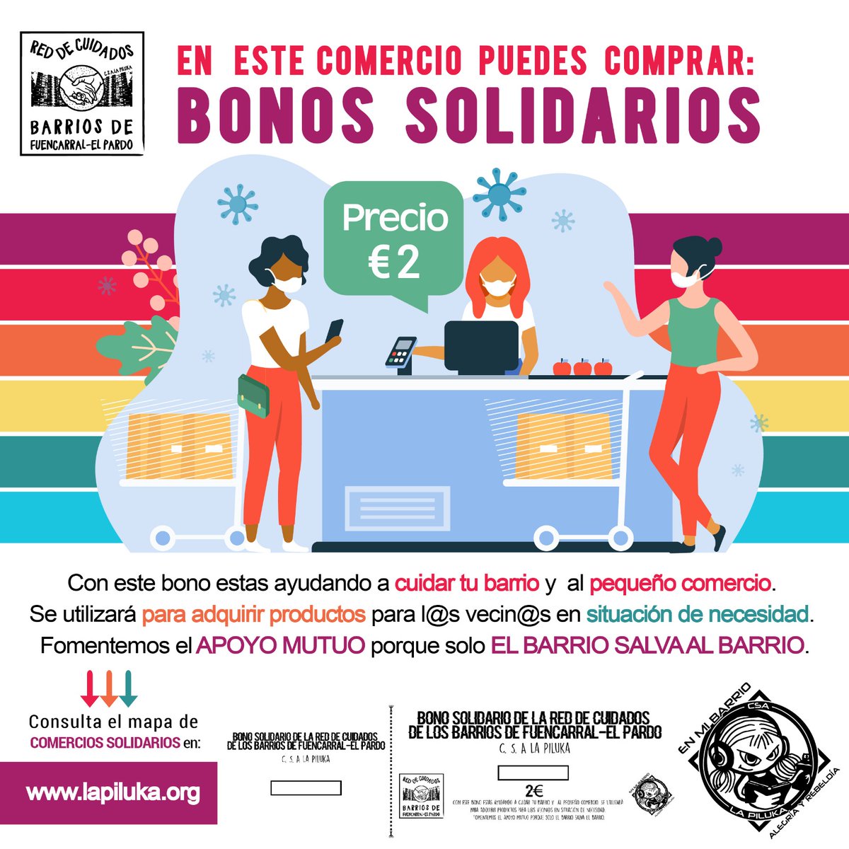 LaPiluka_CS's tweet photo. Llegan los bonos solidarios a los barrios del distrito Fuencarral-El Pardo. 
Los tendrás por 2€ en tu comercio solidario más cercano para comprar alimentos frescos, alimentar dignamente a personas en situación vulnerable de la Red de Cuidados y apoyar a los pequeños comercios. https://t.co/dblExKKDAU