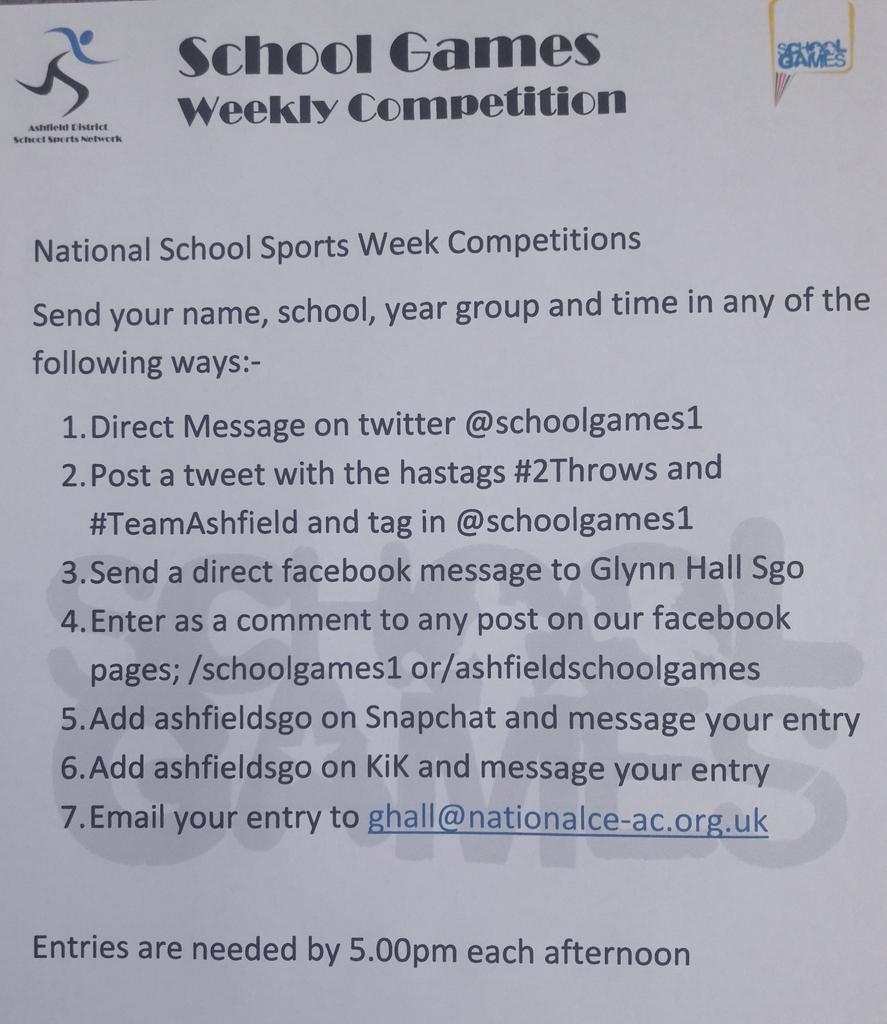 schoolgames1's tweet image. Lots of ways to send in your competition entry before 5.00pm today #2Throws #NSSWtogether #StaySafeCompete #TeamAshfield